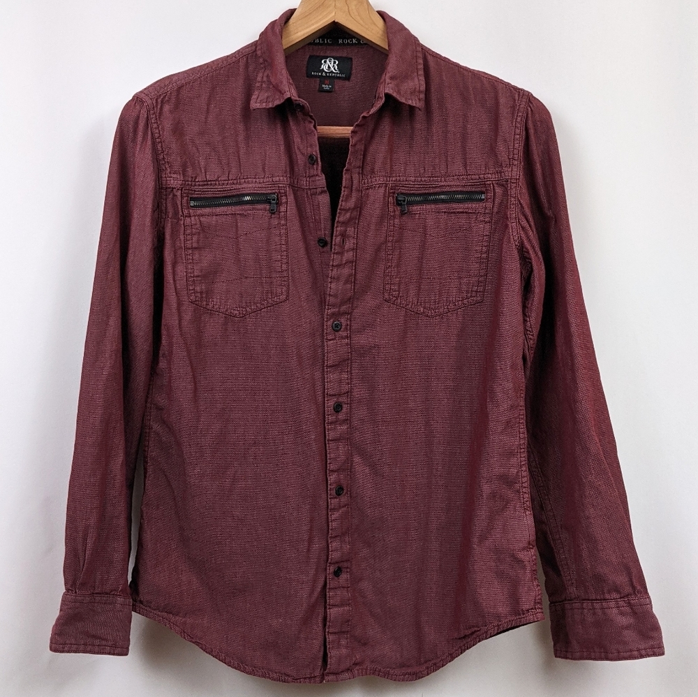 Rock & Republic Long Sleeve Shirt Zippered Pocket Button Front Burgundy Maroon M